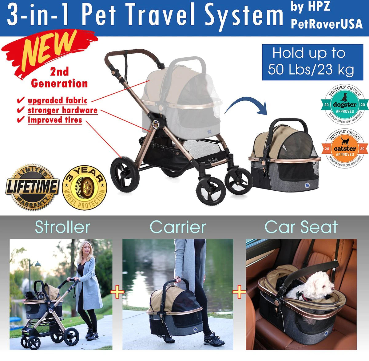 HPZ Pet Rover Luxury Carrier, Car Seat & Pet Stroller, Taupe - Weelz4all