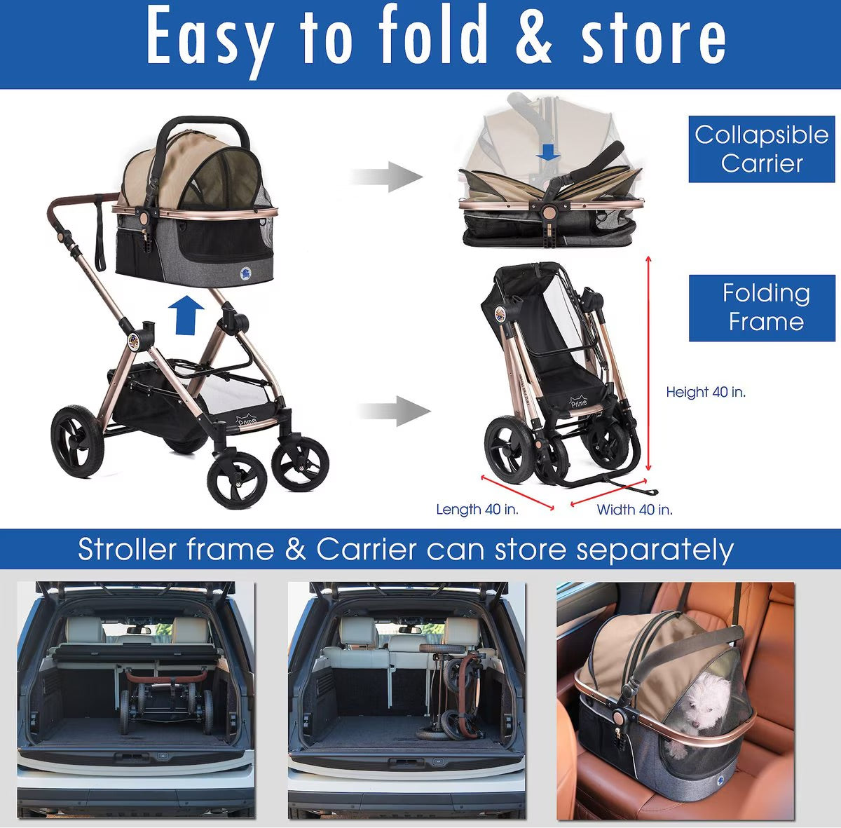 HPZ Pet Rover Luxury Carrier, Car Seat & Pet Stroller, Taupe - Weelz4all